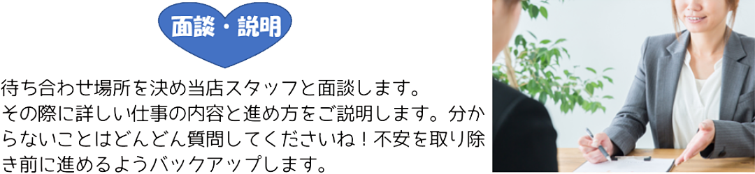 面接・説明
待ち合わせ場所を決め当店スタッフと面談します。
その際に詳しい仕事の内容と進め方をご説明します。分からないことはどんどん質問してくださいね！
不安を取り除き前に進めるようバックアップします。