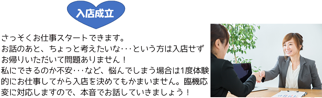 入店成立
さっそくお仕事スタートできます。
お話のあと、ちょっと考えたいな･･･という方は入店せずお帰りいただいて問題ありません！
私にできるのか不安･･･など、悩んでしまう場合は1度体験的にお仕事してから入店を決めてもかまいません。
臨機応変に対応しますので、本音でお話していきましょう！